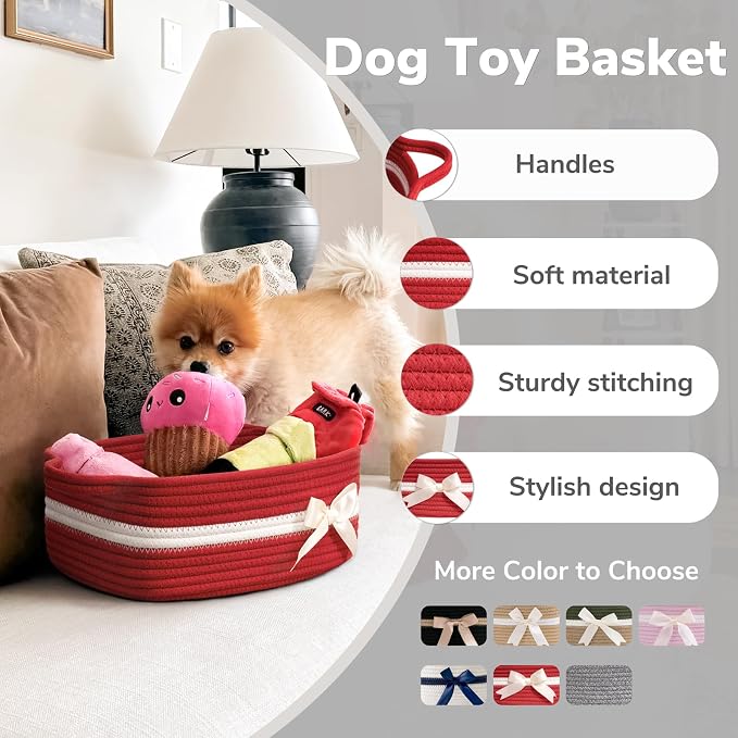 CHICVITA Small Woven Rope Gift Basket,Decorative Christmas Basket, Red | 13" x 10" x 5", Toys, Towels, Baby Essentials & Party Supplies Organizer, Shelf & Living Room Storage, Built-In Handles