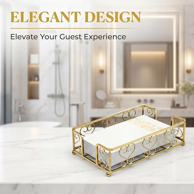 Guest Towel Holder Tray for Bathroom Countertop, Gold Napkin | Guest Bathroom, Powder Room & Vanity Use