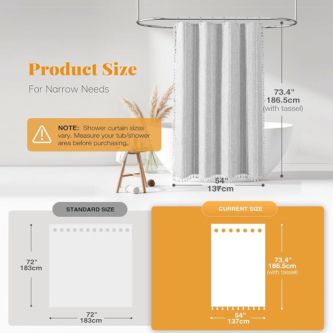 54 x 72 Boho Linen Heavy Duty Cloth Shower Curtain Set, Grey/Gray | Small Size, 330GSM Linen Blend, Water Repellent, Vintage Striped Fabric, 10 Plastic Hooks, Rustic Country, Machine Washable