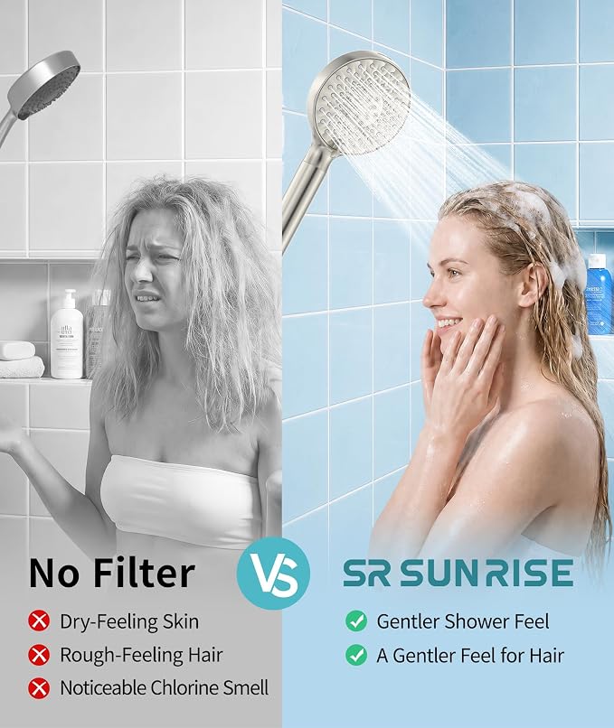 SR SUN RISE Filtered Shower Head with Handheld High Pressure 9 Spray Mode Showerhead Detachable Shower Head Water Softener Filters Beads for Hard Water Remove Chlorine 1 Filter Brushed Nickel