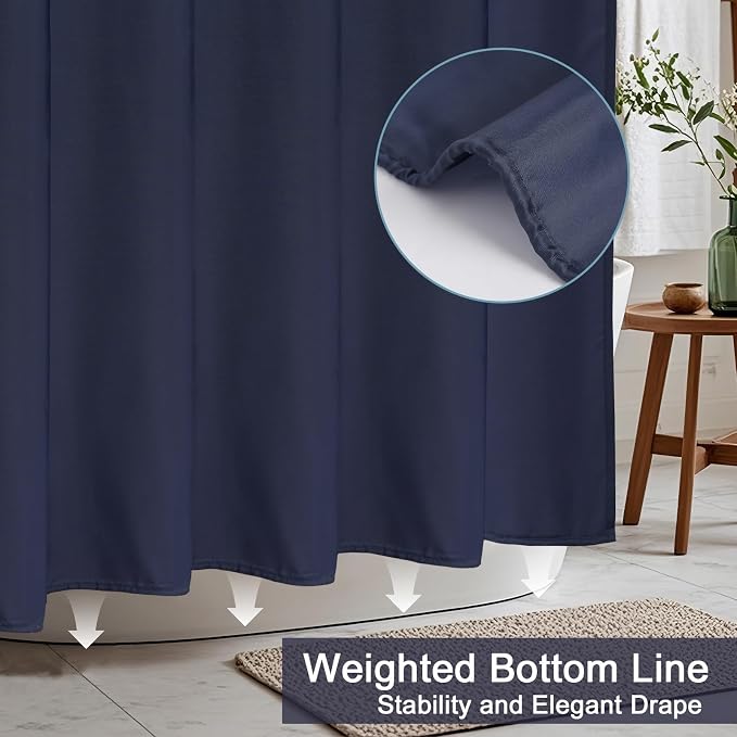 AooHome 72 Width x 96 Height inch Fabric Shower Liner, Extra Long Solid Color Shower Curtain with Hooks, Weighted Hem, Waterproof, Navy Blue