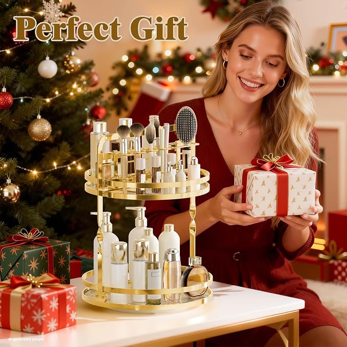 360°Rotating Makeup Organizer, Gold Bathroom Organizer Countertop | 2-Tier Bathroom Organizer Countertop, Lazy Susan Spinning Perfume Stand Vanity Tray Skincare Storage with Makeup Brush Holder