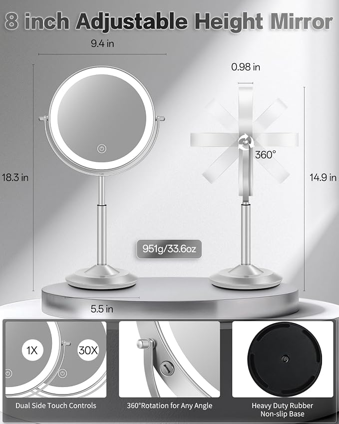 VFD 8'' 30X/1X Magnifying Makeup Mirror with Lights Height Adjustable | Lighted Vanity Mirror with 3 Color Adjustable Brightness, 3000mAh Rechargeable Double Sided Switch for Desk Women Gift