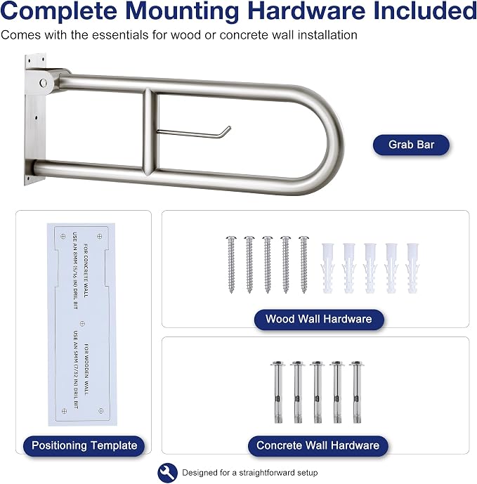 24 Inch Toilet Grab Bar with Paper Holder, Flip Up Handrail | Brushed 304 Stainless Steel | Wall mount | 1.25 inch grip | Space saving fold up design | Template & hardware included