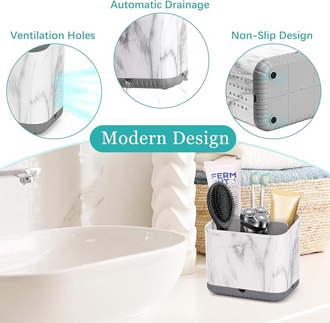 Toothbrush Holder for Bathrooms, Toothbrush Organizer (Grey Marble Grain) | Easy To Clean, Drainage, Removable, Non-Slip, 4 Slots Tooth Brush Holder for Bathroom Countertop Organizer