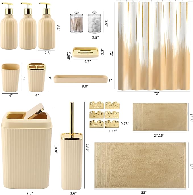 32PCS Bathroom Accessory Set Bathroom Accessories Set Beige Bathroom Set, Shower Curtain Set, 2 Piece Bath Towel Set, 3PC Soap Dispenser, Toilet Brush & Trash Can