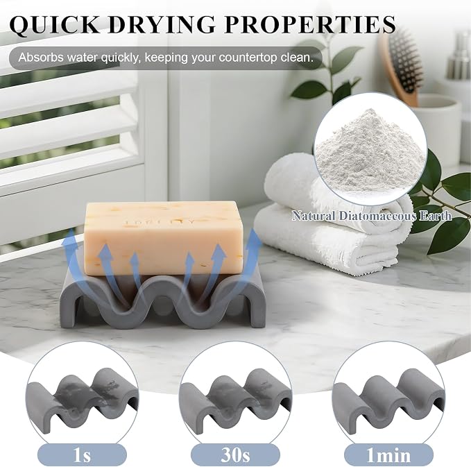 Diatomite Soap Dish Bar Soap Holder Wave Texture Sponge Tray, Dark Grey | Quick Drying, Self Draining Design Helps Keep Bar Soap Dry for Bathroom Sink, Shower & Kitchen