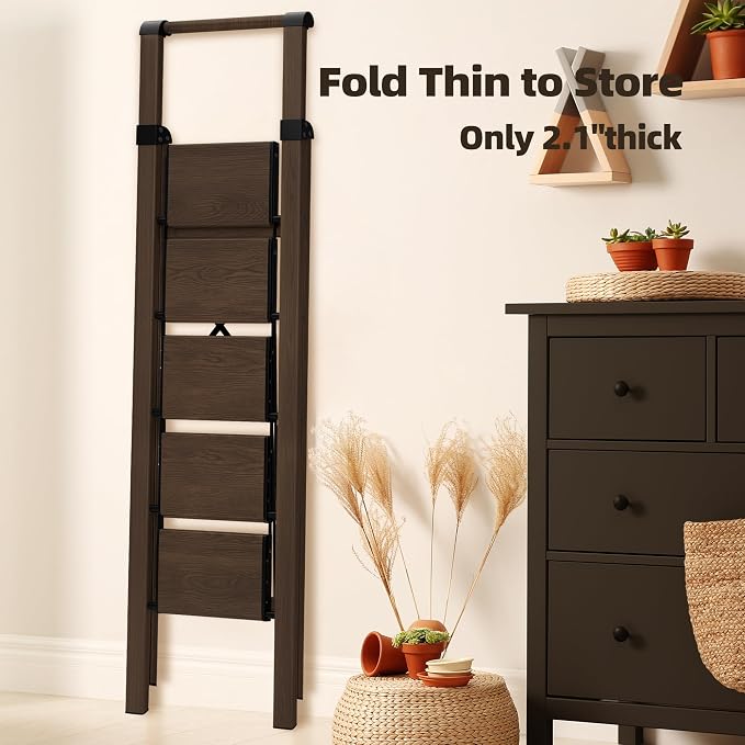 HillhutApex Aluminum 5 Step Ladder, Step Stool Foldable Ladder(Walnut) | Anti-Slip Pedals,330lbs Capacity,Lightweight Folding Ladders for Home,Office,Libaray
