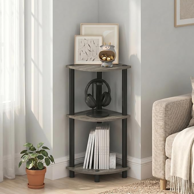 Furinno Turn-N-Tube Toolless Assembly 3-Tier Storage Shelves, French Oak | Grey Corner Shelf, Open Storage Book Shelf, for Organization and Storage, Living Room, Home Office, Bedroom