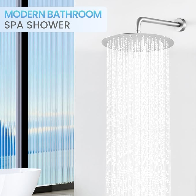 12 Inch Brushed Nickel Round Rain Shower Head - All Metal Stainless Steel Full Body Rainfall Shower with 120 Silicone Nozzles Modern Bathroom