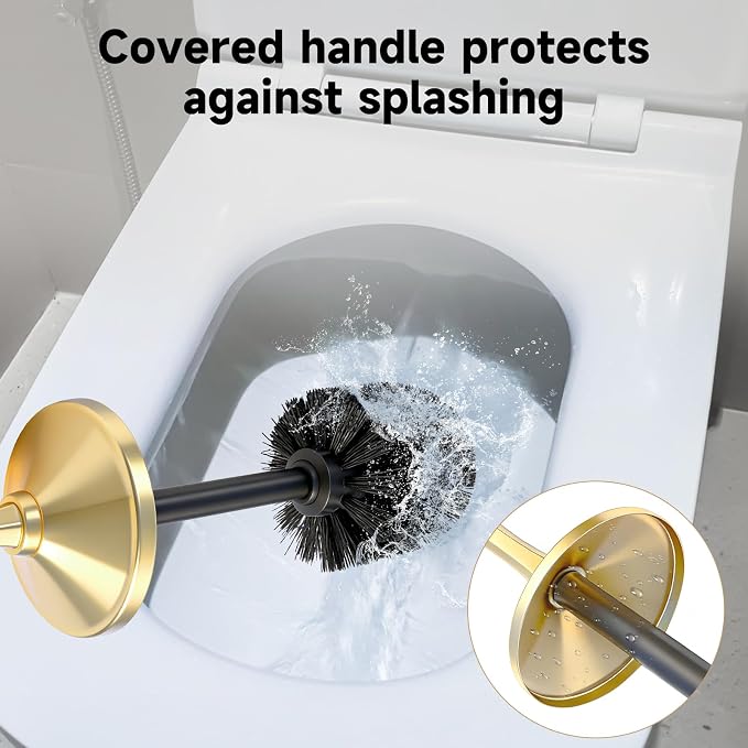 Brushed Gold Toilet Brush and Holder，Extra Long Handled Toilet Brush for Bathroom，Stainless Steel Heavy Duty Toilet Bowl Brush,Deep Cleaning Modern Toilet Cleaner Brush -Space Saving, Covered Brush