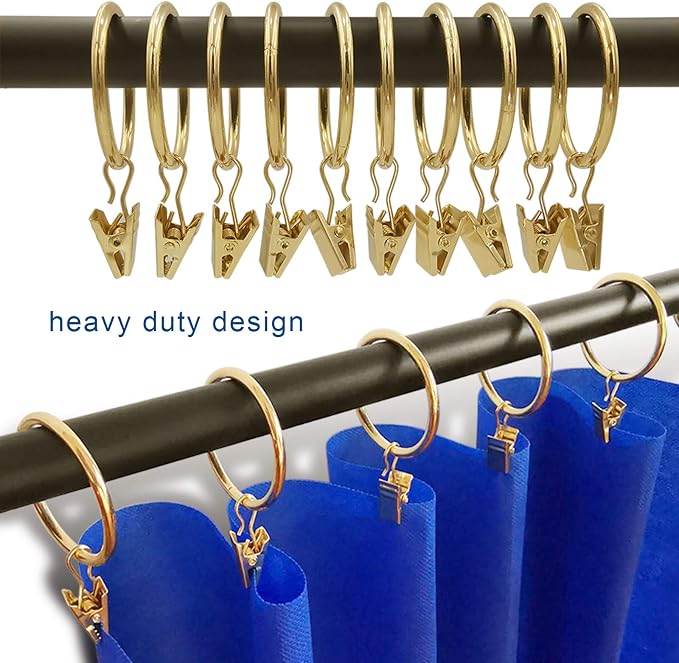 LLPJS 60 Pack Metal Curtain Rings with Clips, Curtain Clip Rings Hooks for Hanging Drapery Drapes Bows, Curtain Rod Rings 1.5 inch Interior Diameter, Gold