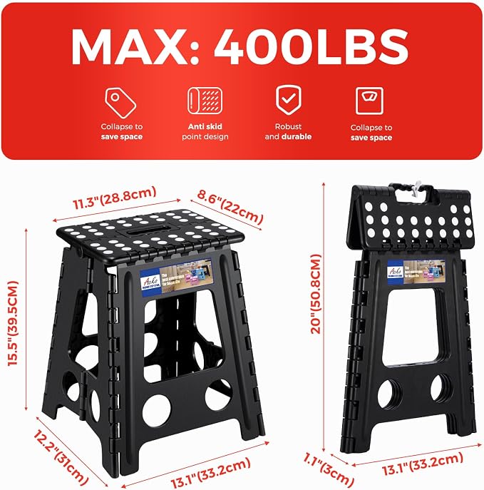 ACKO 16 Inch Folding Step Stool with Safety Lock, Holds 400 lbs, Black | Portable Foldable Stools with Handle, Heavy Duty Collapsible Non-Slip Foot Stool for Adults & Kids, Kitchen Bathroom Outdoor
