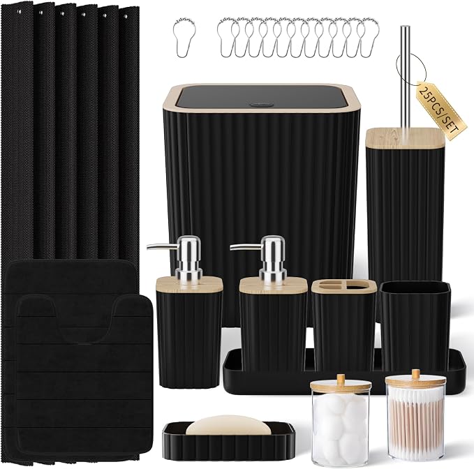 XLHOMO Bathroom Set - 25PC Black Bathroom Set with Shower Curtain and Rugs, Bathroom Accessories Set, Black Shower Curtain Set with Bathroom Trash Can