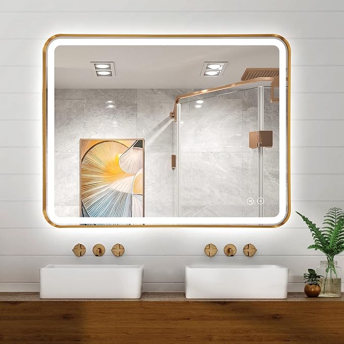Niccy LED Bathroom Mirror, 32"x20", Gold, Rectangle Wall Mounted | Metal Frame, Anti Fog, Dimmable Smart Mirror, Horizontal or Vertical, For Bathroom/Bedroom/Livingroom/Entryway