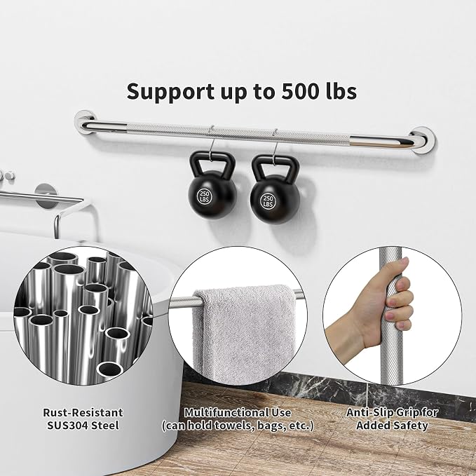 40 Inch Anti Slip Shower Grab Bar, Munzong Bathroom Grab Bar Brushed Nickel | Knurled Handicap Balance Bar Safety Toilet Hand Rail Support Elderly Senior Assist Bath Handle