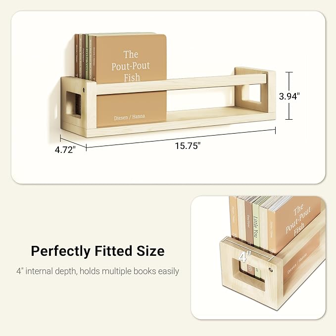 3Pack Solid Wood Floating Shelves for Wall, Nursery Bookshelf NaturalPoplar | Durable Solid Wood Construction, Deep Shelf Space for Books, Toys, Plants, Photos and Kitchen Storage