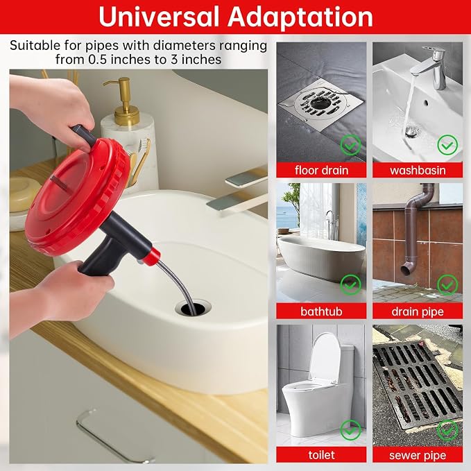 Drain Snake Hair Drain Clog Remover 30 Feet Flexible Drain Auger Tool | Cleaning Brush for Kitchen, Bathroom and Shower Sink with Gloves Use Manually or Powered