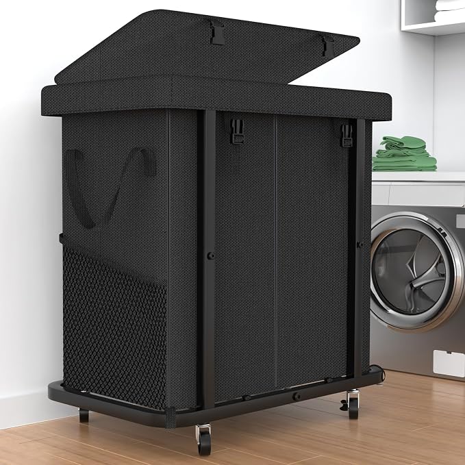 Laundry Basket with Lid,190L Rolling Laundry Hamper with Wheels,Black | Dirty Clothes Hamper with Metal Frame and Removable Bag Design,Suitable for Laundry Room, Bedroom(2 Section)