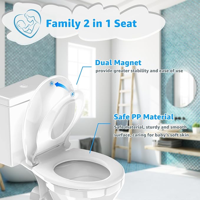 Huttdmel Round Toilet Seat with Toddler Seat Built In, 2 in 1 Adult & Child, Soft Close Quiet Lid, Magnetic Child Seat, Top & Bottom Mount, Never Loosen Hinges, Fits Standard Round Toilets, White