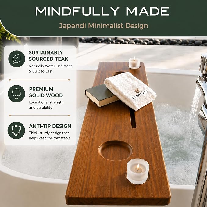 Grand Fjord 35" Luxury Teak Bathtub Tray for Large Tubs | Bath tub tray wood for freestanding tubs, bathtub trays for tub, bath tray for tub, bath table tray, soaking, home spa