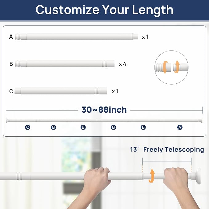 ENJOYBASICS 1" White Shower Curtain Rod, 30-88" Adjustable, Secure Tension | Easy No-Drill Installation, No Tools, No Gaps, Sturdy Rust-Resistant Steel, Sag-Resistant Design, Tubs, RVs, Apartments