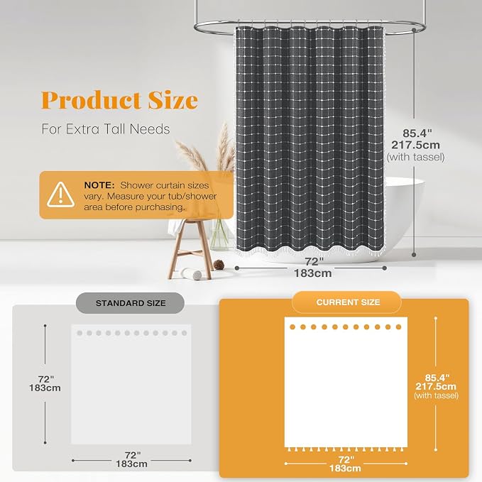 Long Boho Farmhouse Linen Fabric Shower Curtain, 72x84, Charcoal Gray | Tall Size, 330GSM Linen Blend, 3-side Tassels, Water Repellent Cloth, 12 Plastic Hooks, Rustic Bohemian, Machine Washable