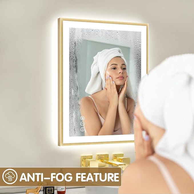 24x32 Inch LED Bathroom Mirror with Gold Frame | Gold Metal Frame, Front and Backlit, 3 Colors, Dimmable, Memory, Anti Fog, Tempered Glass, Lighted Mirror for Wall