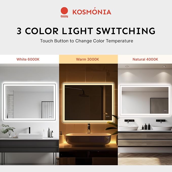 28"x36" LED Bathroom Mirror Front Backlit Wall Mount Vanity Mirror | Anti-Fog Dimmable 3 Color Temperature Memory Function, Aluminum Frame Tempered Glass, Vertical & Horizontal Mountable