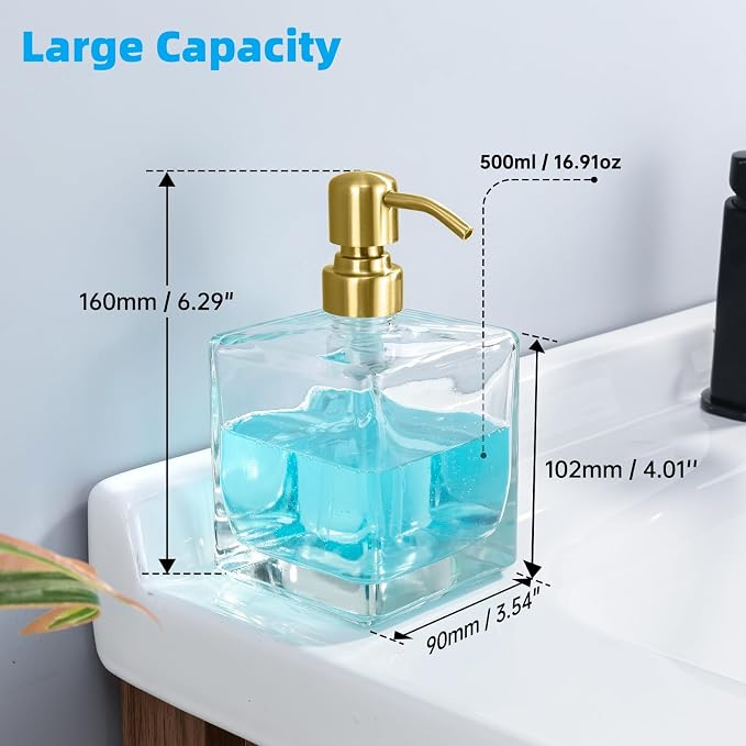 Square Bathroom Soap Dispenser Brushed Gold, 16 oz Glass Bottles with Stainless Steel Pump Retangle Cube Liquid Large Capacity Soap Dispenser Kitchen
