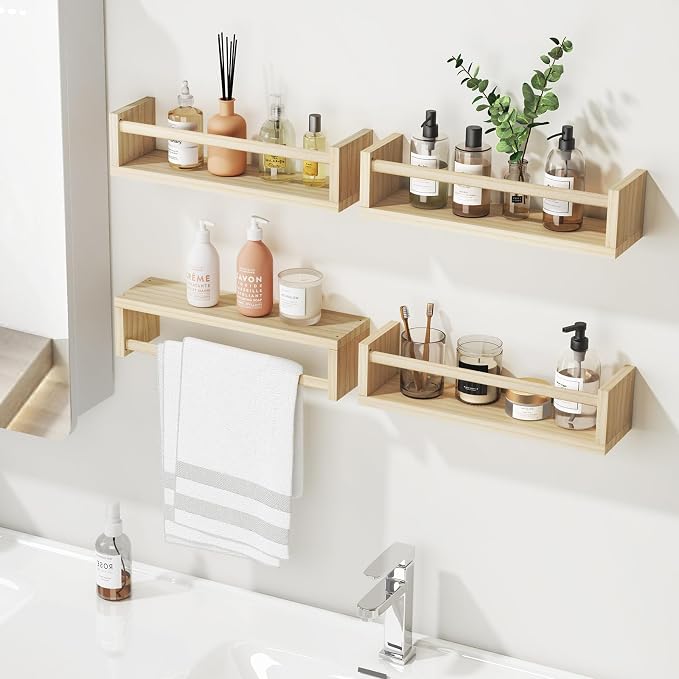 Fixwal Floating Nursery Book Shelves for Wall, 16.5in Set of 4 Natural Wood | Solid wood shelves store kids' books, toys and clothing. Fits kids' room, playroom, nursery, living room, bedroom & bathroom.