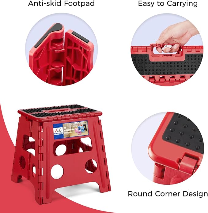 ACKO 13" Folding Step Stool, Non-Slip Surface for Adults & Kids, Dot Red | Collapsible Heavy Duty Foldable Stools, Portable Foot Stepping Stool Holds 300 lbs, Kitchen Bathroom Outdoor, with Handle