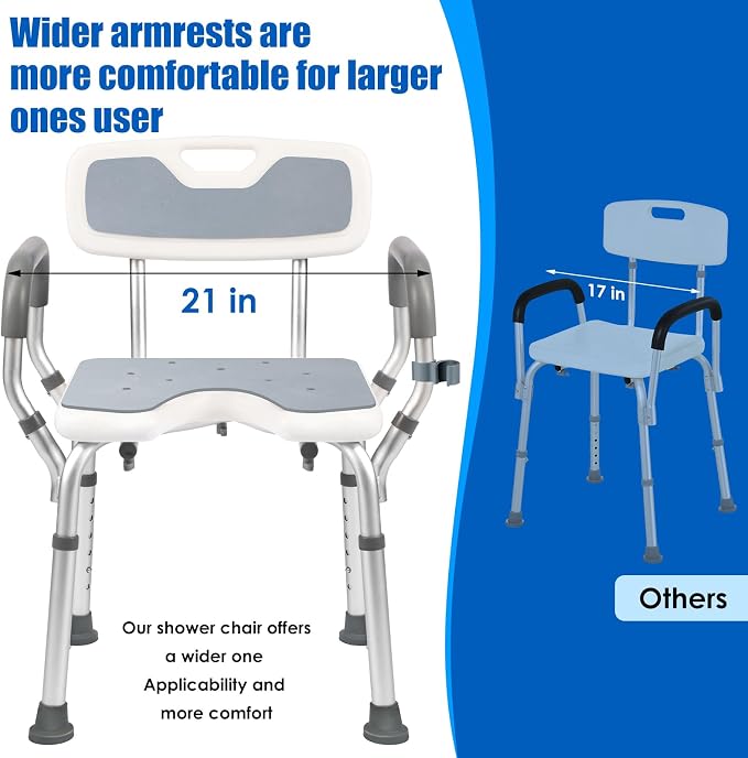 Shower Chair with Arms and Back, 330lbs Heavy Duty Bath Seat with U-Shaped Cutout, 21" Extra Wide Adjustable Shower Stool with 2 EVA Pads and Shower Head Holder, Tool-Free Assembly
