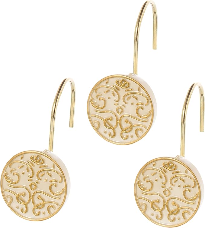 Creative Scents Shannon Shower Curtain Hooks Decorative | Set of 12 | Beige with Gold Shower Curtain Rings