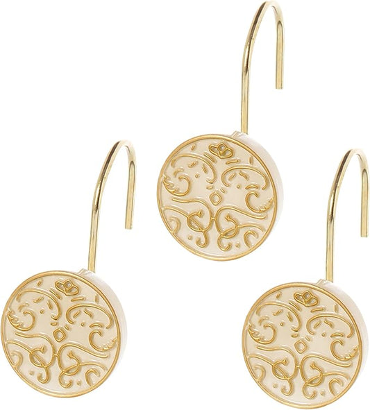 Creative Scents Shannon Shower Curtain Hooks Decorative | Set of 12 | Beige with Gold Shower Curtain Rings