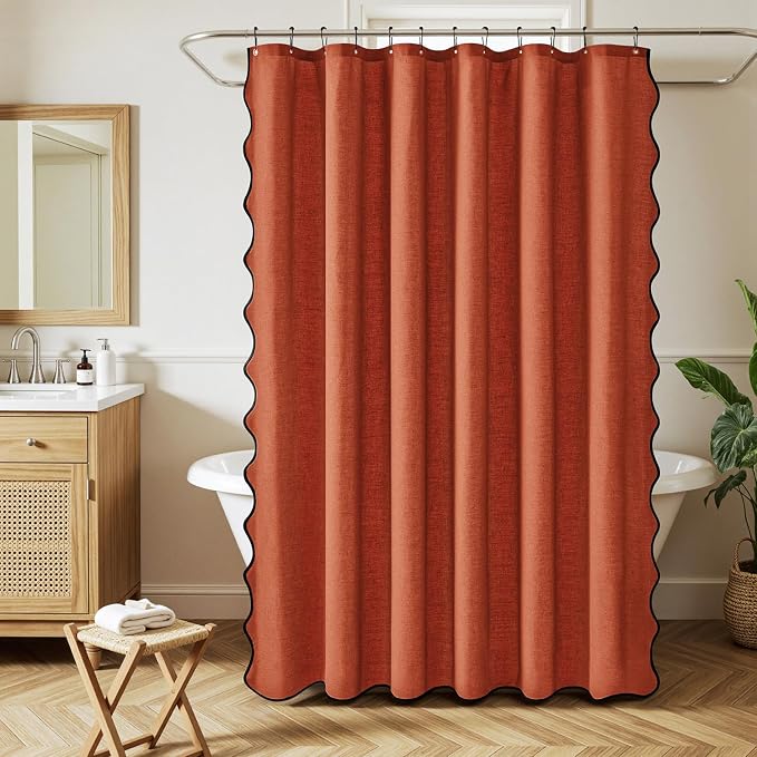 MIULEE 84" Long Burnt Orange Scalloped Linen Shower Curtain 72W x 84L | 12 metal hooks, Linen scalloped, waterproof washable, thick heavy cloth, black border, boho farmhouse, bathroom hotel use