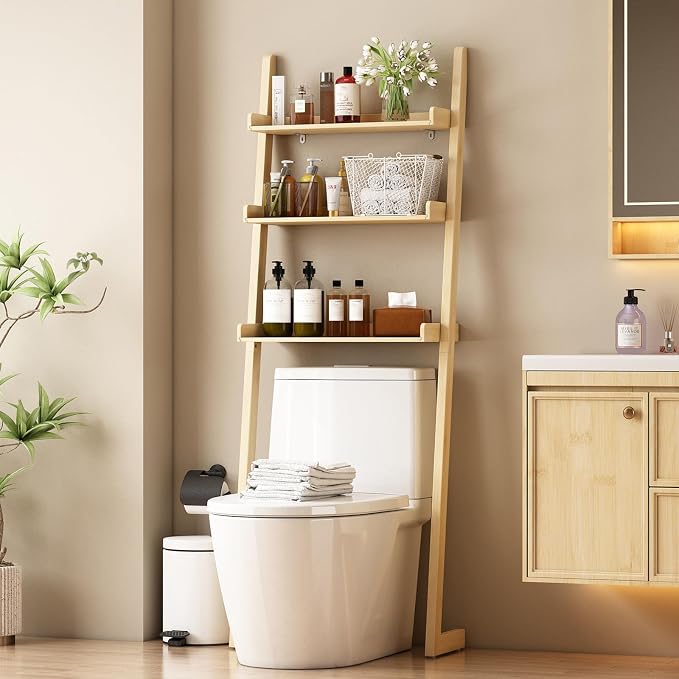 Solid Bamboo Over the Toilet Storage, 3-Tier Freestanding Toilet Shelf | Solid bamboo over toilet bathroom organizer, anti-slip base for stability, space-saving storage for bathroom and balcony