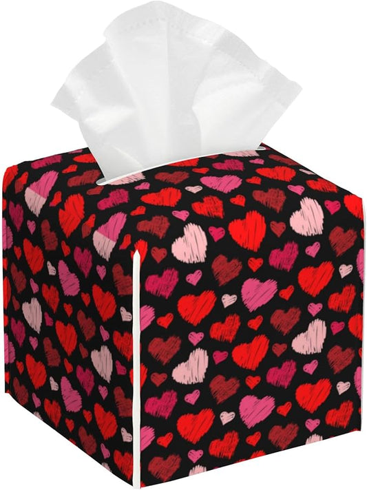 Hearts Tissue Box Cover,Red Hearts PU Leather Tissue Box Holder Square,Modern Home Decoration for Bathroom Living Room Kitchen Office Car,5.2"×5.2"×5.2"