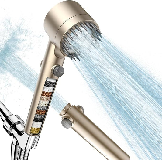 Filtered Shower Head with Handheld, High Pressure Water Flow and Multiple Spray Modes Shower Head with Filter, Power Wash for Hard Water, Showerhead with ON/OFF Switch for Pets Bath (Golden) | ON/OFF Switch,4 Spray,Built-in Power Wash,Detachable Shower...