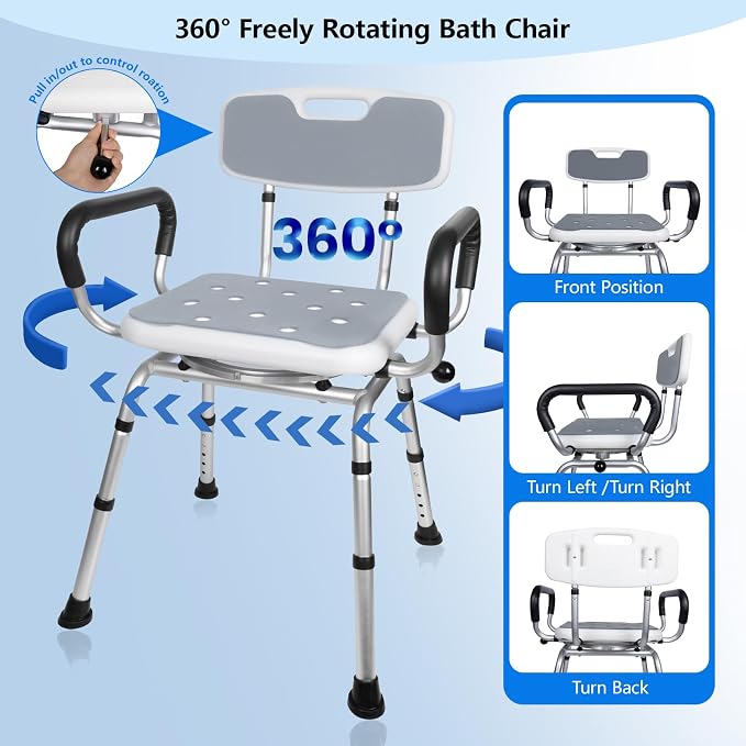Swivel Shower Chair 500lbs Heavy Duty Adjustable Arms & Back 360° Rotating | SSlip-resistant Rubber Feet Easy-clean Tool-free Install Ergonomic Wide Seat Built-in Drainage Holes 5 Height Settings
