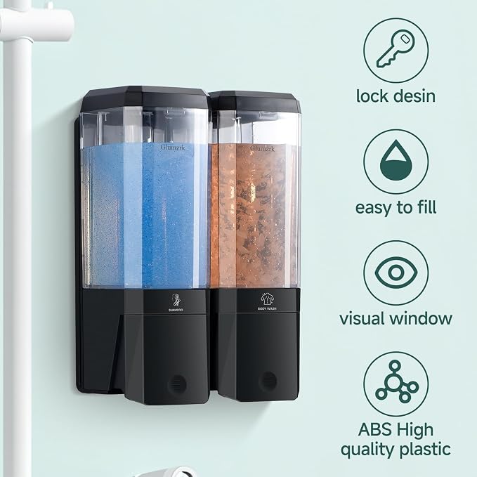 Shampoo and Conditioner Dispenser 2 Chamber No Drill Shampoo Dispenser for Shower Wall Mounted Shower Soap Dispenser 2 * 500ml Refillable Shower Dispenser for Bathroom Hotel(Black 2 Chamber)