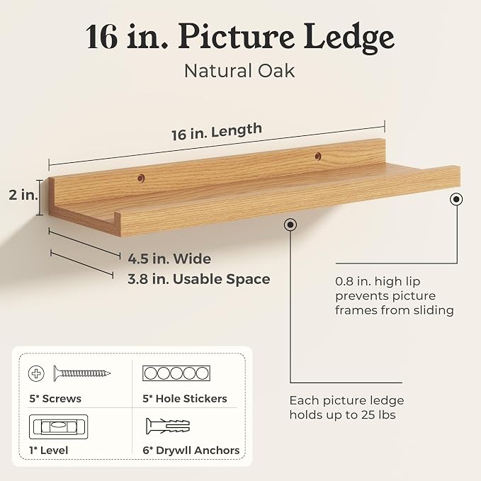 Oak Picture Ledge Shelves for Wall, 4.5" Deep Wood Floating Shelves with Lip for Bedroom, Living Room, 16" Width, Color Oak Set of 2