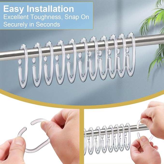 48 PCS Shower Curtain Rings, Plastic Clear Shower Curtain Hooks, C-Shaped Rings Hook Hanger for Shower Curtain Bathroom Window Rod