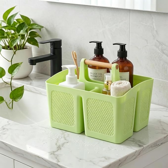 Plastic Green Shower Caddy Basket with 3 Compartments, Portable Divided Bathroom Cleaning Caddy Organizer Storage Tote with Handle for Dorm, College, Room Essentials