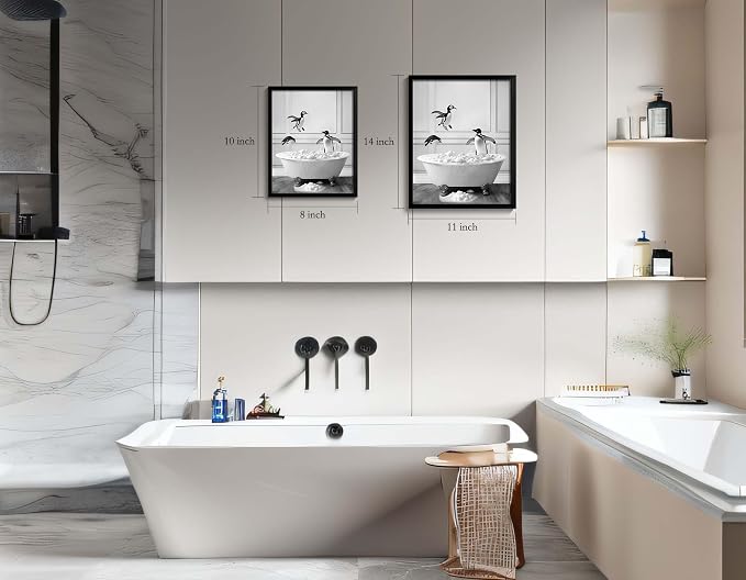 Framed Bathroom Decor Wall Art, Black and White Bathroom Decor, Funny Wall Decoration Animal Penguin in Bathtub, Cute Animal Wall Art for Kid's Room (Framed,11''x14'')
