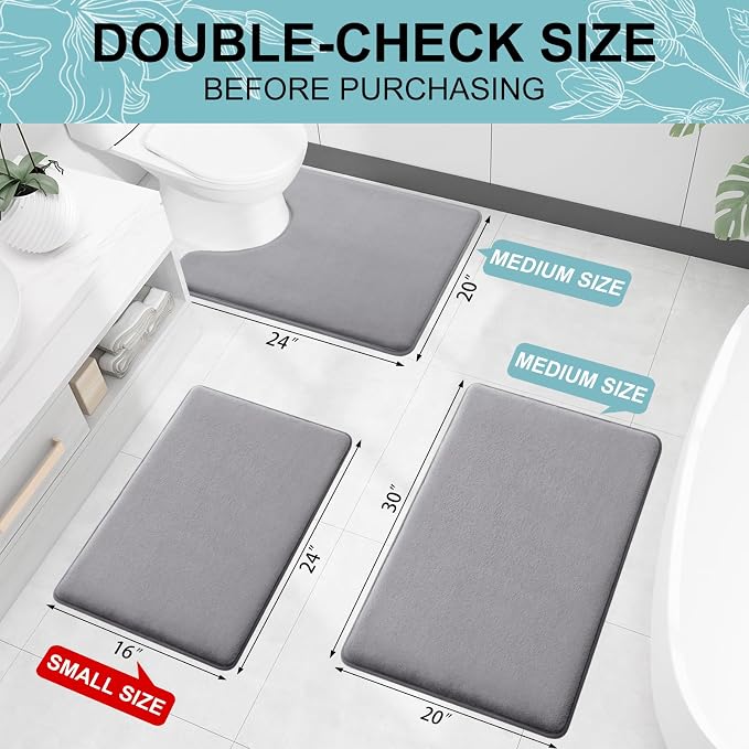 Smiry Memory Foam Bath Mat 24x16, Extra Soft and Absorbent Bathroom Rugs | Medium Grey, Quick Dry Machine Washable Non-Slip Bath Mat for Bathroom Floor, Shower and Tub
