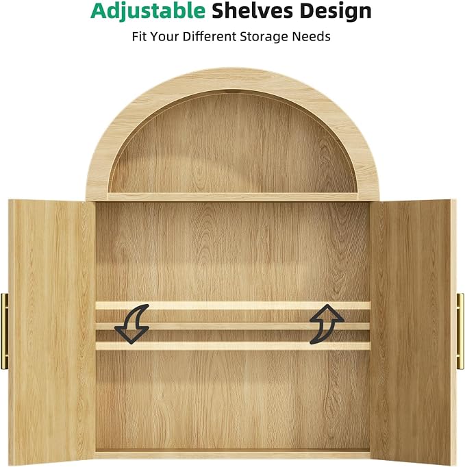 Kalrin Arched Wall Cabinet, Large Wood Bathroom Cabinet Wall Mounted Cupboard, Modern Floating Storage Cabinet with Door Adjustable Shelf, Wood Organizer Light Oak