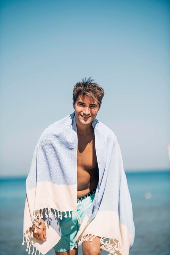 Beach Towel, 100% Cotton, 71x39 in, Herringbone Light Blue