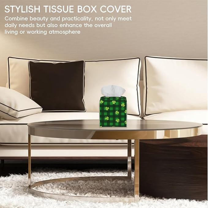 Tissue Box Cover Leather Tissue Box Holder Cube Tissue Case Cover Facial Paper Organizer Dispenser for Bathroom, Vanity Countertop, Office Desk (Four Leaf Clovers on Buffalo Plaid Checkered)