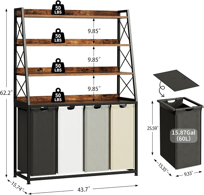 Herture Laundry Basket, 4 Section Laundry Hamper with 4 Tiers Shelf, Pull-Out and Removable Laundry Bags, Large 4 x 15.87 Gallons, for Laundry Room Bathroom Rustic Brown PF12XLN